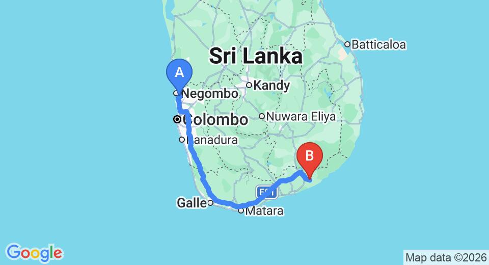 Driving route map: Colombo Airport (CMB) to Kadupul Safari Hotel, Tissamaharama (279 km, approx 3 h 43 min private transfer)
