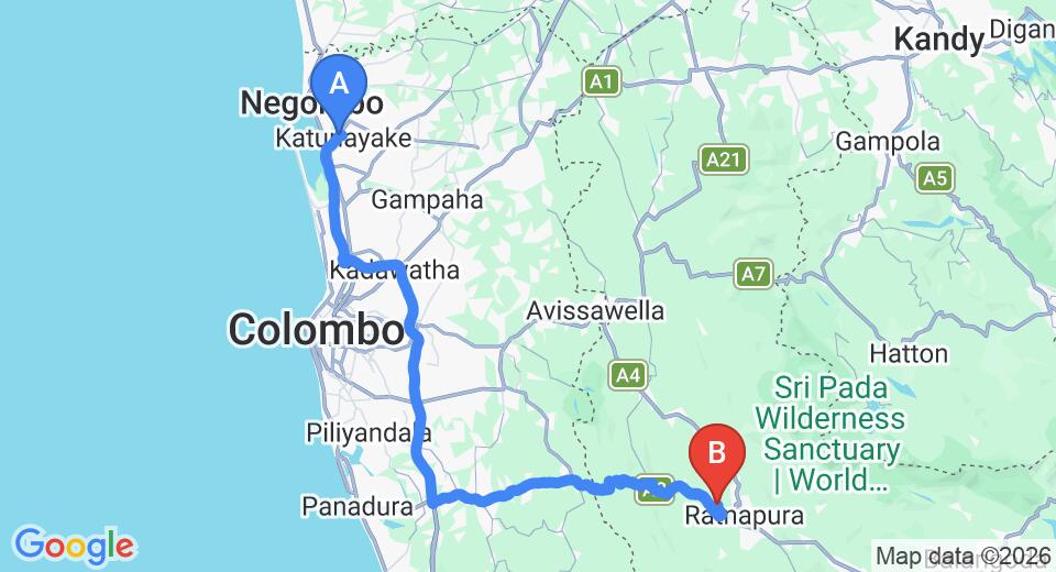 Driving route map: Colombo Airport (CMB) to Ratnaloka Tour Inns, Ratnapura (117 km, approx 2 h 29 min private transfer)