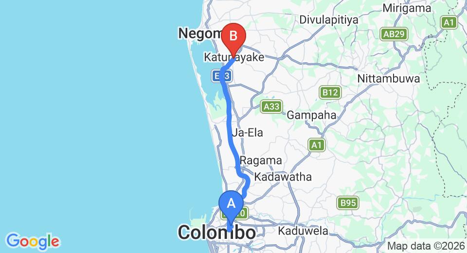 Driving route map: Dematagoda to Colombo Airport (CMB) (30 km, approx 33 min private transfer)