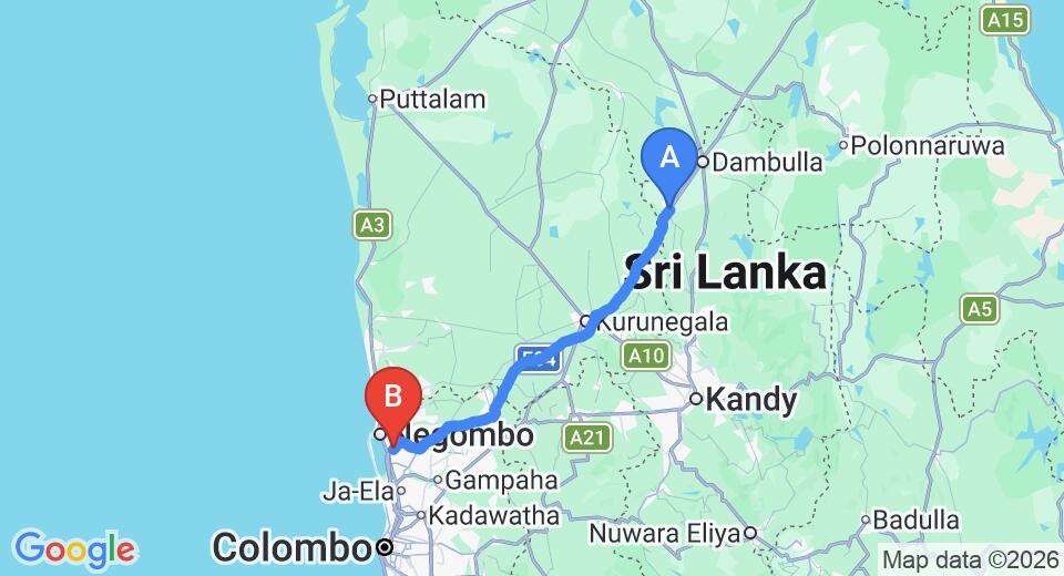 Driving route map: Galewela to Colombo Airport (CMB) (113 km, approx 2 h 25 min private transfer)