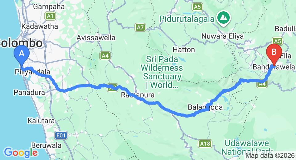 Driving route map: Ratmalana (RML) Airport to Bandarawela (178 km, approx 5 h 3 min private transfer)