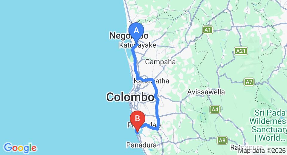 Driving route map: Colombo Airport (CMB) to The Pier Moratuwa, Moratuwa (71 km, approx 1 h 25 min private transfer)