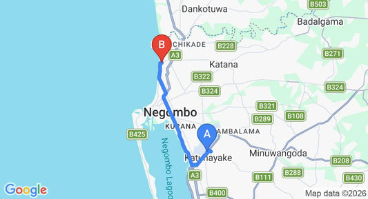 Driving route map: Colombo Airport (CMB) to Villa Elisabeth, Negombo (14 km, approx 34 min private transfer)
