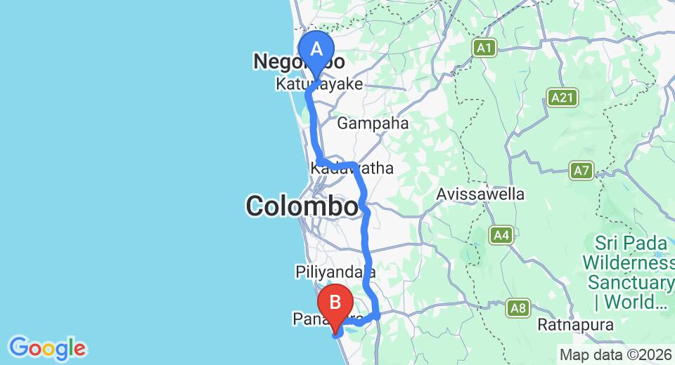 Driving route map: Colombo Airport (CMB) to The Blue Water, Wadduwa (77 km, approx 1 h 25 min private transfer)