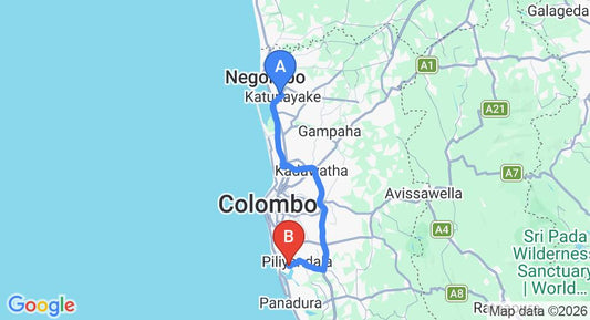 Driving route map: Colombo Airport (CMB) to Hotel Lagoon Dining, Moratuwa (65 km, approx 1 h 12 min private transfer)
