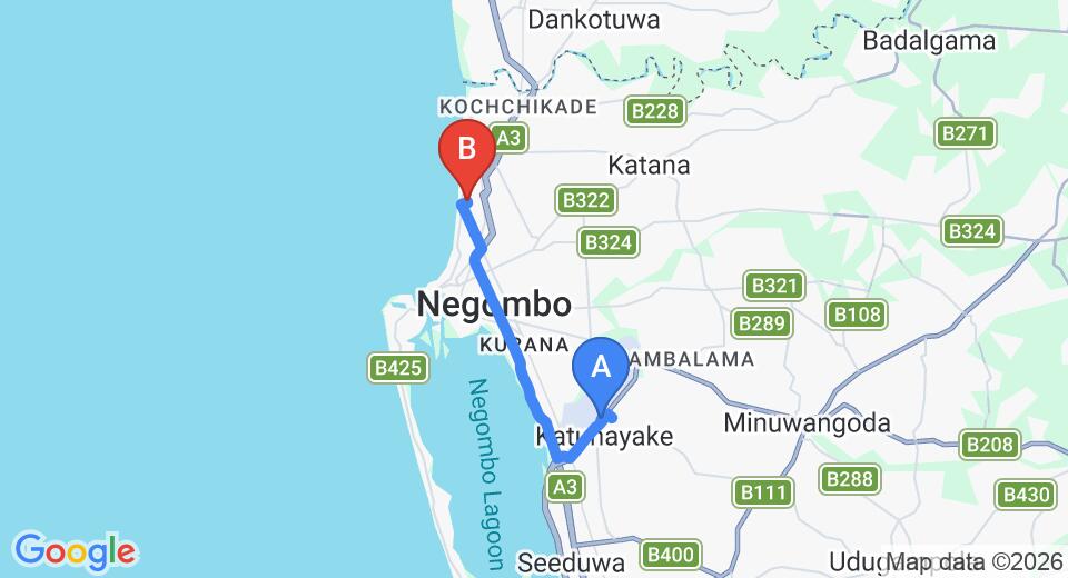 Driving route map: Colombo Airport (CMB) to Green View Hotel, Negombo (13 km, approx 31 min private transfer)