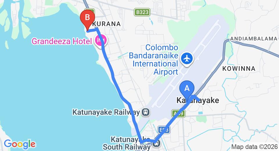 Driving route map: Colombo Airport (CMB) to Amagi Aria - Airport Transit Hotel, Negombo (7 km, approx 17 min private transfer)