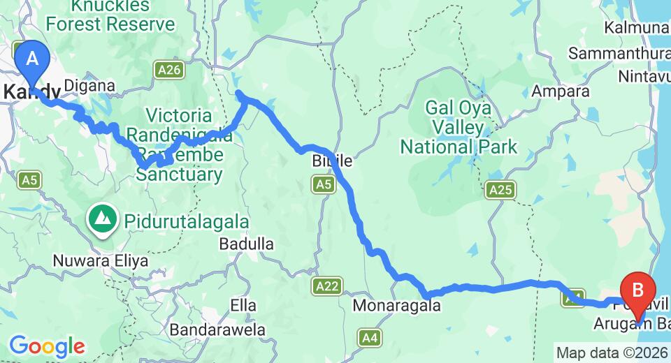 Driving route map: Kandy to Arugam Bay (220 km, approx 5 h 6 min private transfer)