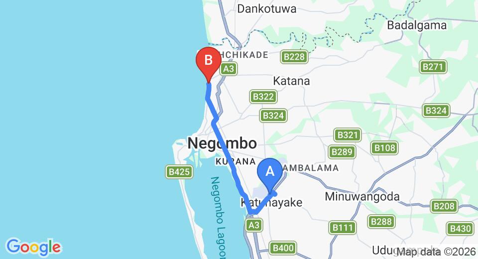 Driving route map: Colombo Airport (CMB) to Goldi Sands Hotel, Negombo (14 km, approx 33 min private transfer)