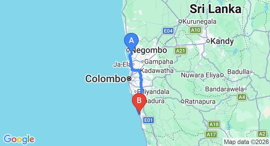 Driving route map: Colombo Airport (CMB) to Petters Beach Inn, Kalutara (83 km, approx 1 h 30 min private transfer)
