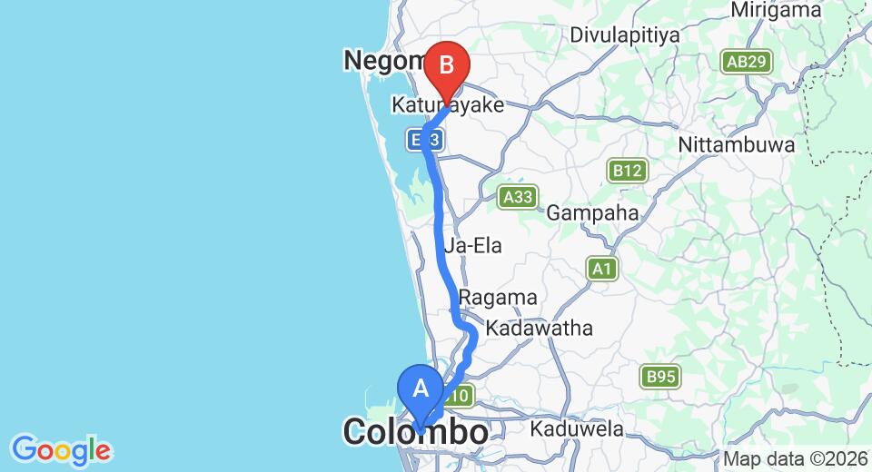 Driving route map: Maradana to Colombo Airport (CMB) (32 km, approx 34 min private transfer)