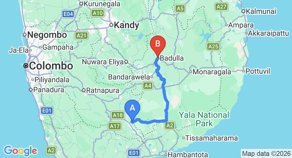 Driving route map: Udawalawe to Badulla (121 km, approx 2 h 49 min private transfer)
