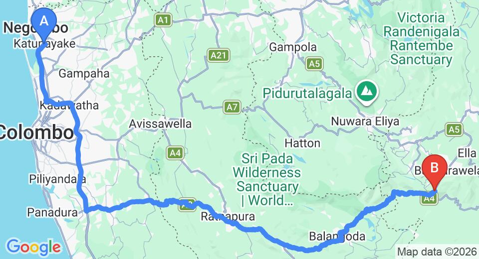 Driving route map: Colombo Airport (CMB) to Hudhakalawa, Haputale (208 km, approx 4 h 59 min private transfer)