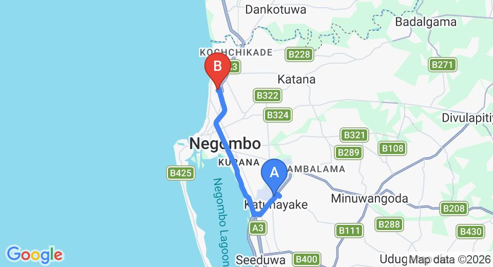 Driving route map: Colombo Airport (CMB) to Petit Guest House, Negombo (13 km, approx 32 min private transfer)