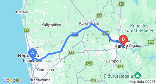 Driving route map: Colombo Airport (CMB) to Sobaya, Kandy (116 km, approx 2 h 57 min private transfer)