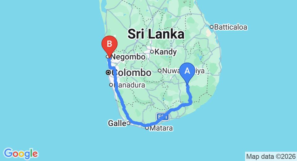 Driving route map: Galapita to Colombo Airport (CMB) (320 km, approx 4 h 20 min private transfer)