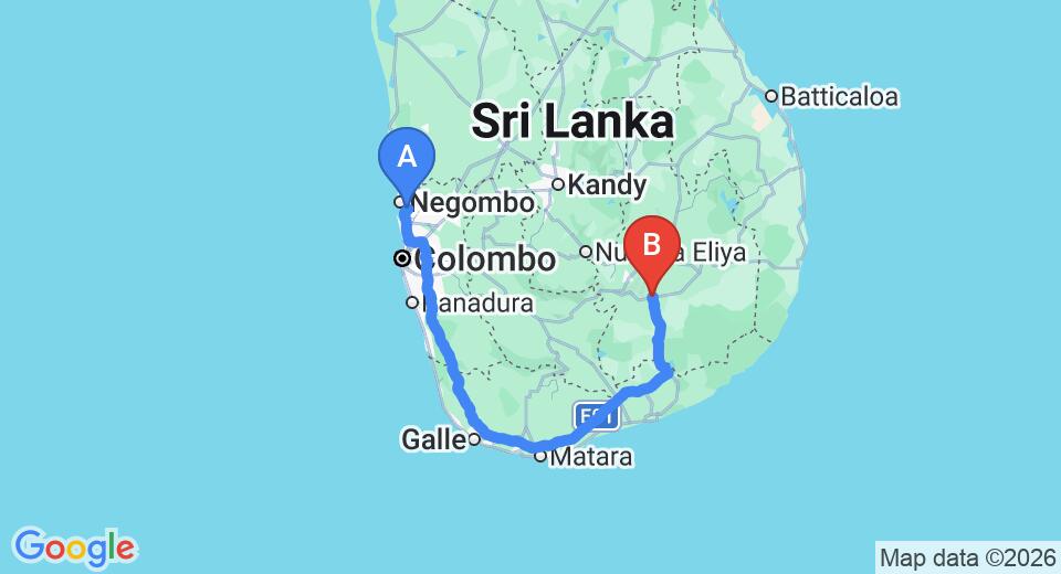 Driving route map: Colombo Airport (CMB) to Wellawaya (309 km, approx 4 h 15 min private transfer)