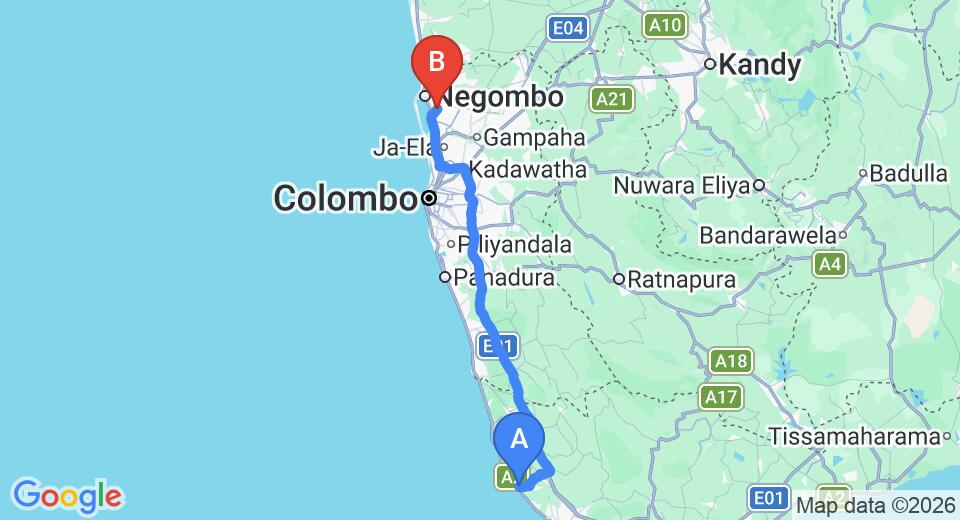Driving route map: Hikkaduwa to Colombo Airport (CMB) (140 km, approx 1 h 58 min private transfer)
