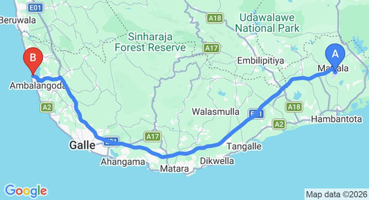 Driving route map: Mattala (HRI) Airport to Balapitiya (151 km, approx 2 h 3 min private transfer)