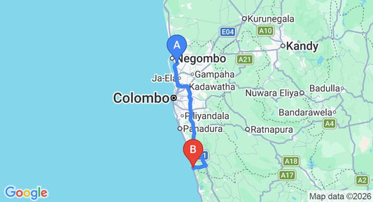 Driving route map: Colombo Airport (CMB) to Ganga Garden Hotel and Restaurant, Aluthgama (106 km, approx 1 h 38 min private transfer)
