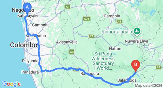 Driving route map: Colombo Airport (CMB) to Landa Holiday House, Belihuloya (176 km, approx 4 h 5 min private transfer)