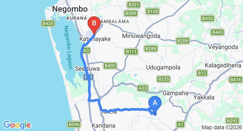 Driving route map: Ganemulla to Colombo Airport (CMB) (24 km, approx 39 min private transfer)