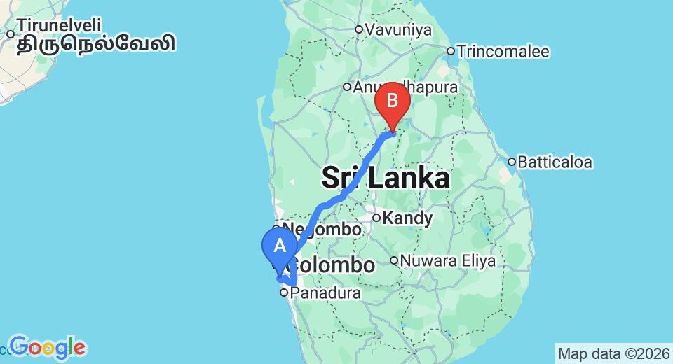 Driving route map: Ratmalana (RML) Airport to Sigiriya (192 km, approx 4 h 10 min private transfer)