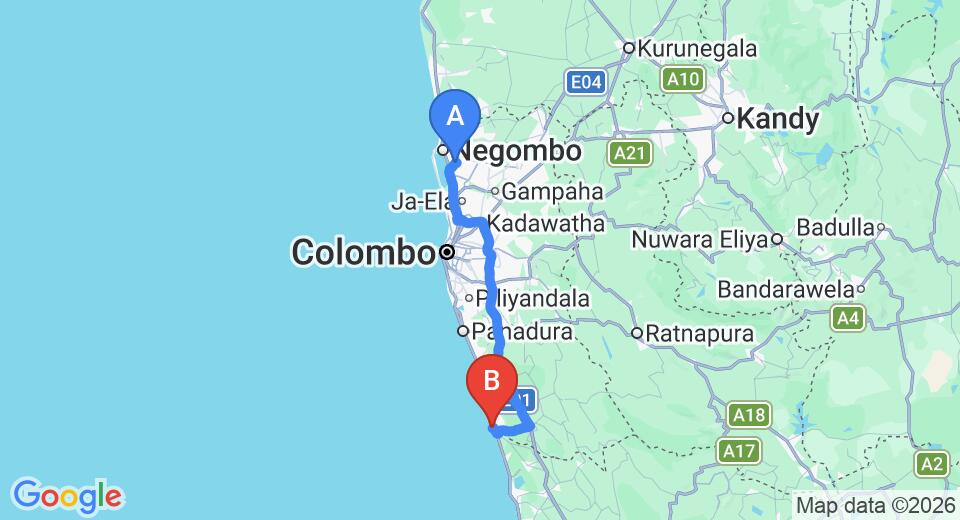 Driving route map: Colombo Airport (CMB) to Club Palm Garden, Beruwala (109 km, approx 1 h 43 min private transfer)