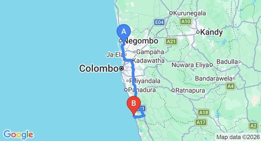 Driving route map: Colombo Airport (CMB) to Club Palm Garden, Beruwala (109 km, approx 1 h 43 min private transfer)