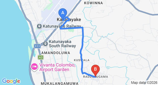 Driving route map: Colombo Airport (CMB) to Raddolugama (6 km, approx 16 min private transfer)