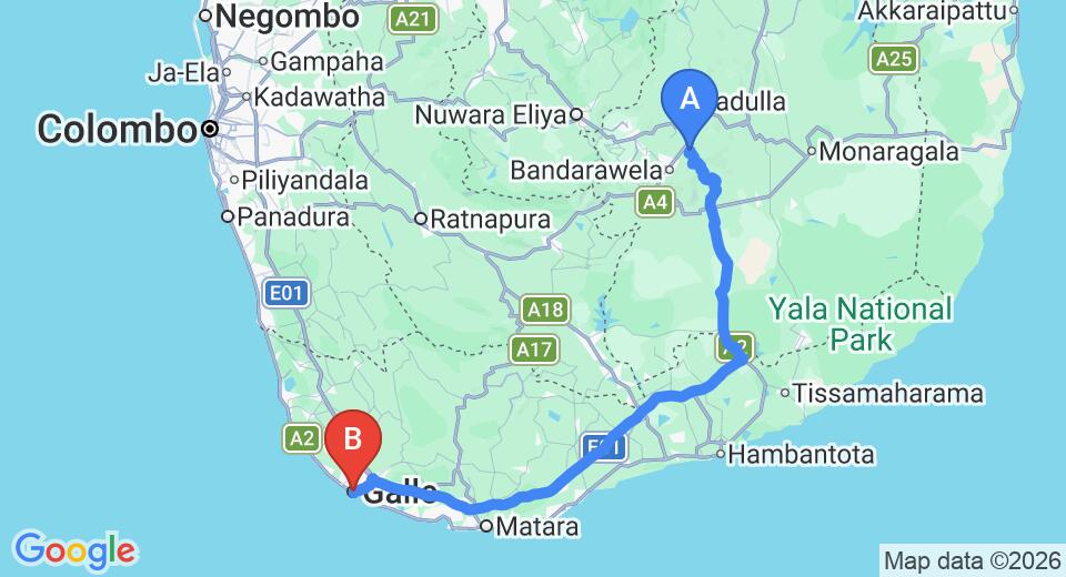 Driving route map: Ella to Galle (198 km, approx 3 h 17 min private transfer)