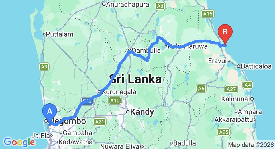 Driving route map: Colombo Airport (CMB) to Inn On The Bay, Pasikuda (267 km, approx 5 h 28 min private transfer)
