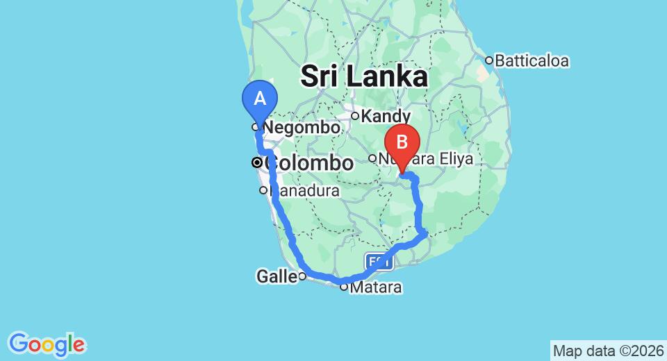 Driving route map: Colombo Airport (CMB) to Villa Perpetua, Bandarawela (341 km, approx 5 h 16 min private transfer)