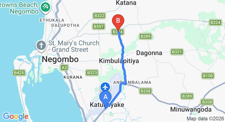 Driving route map: Colombo Airport (CMB) to Demanhandiya (7 km, approx 16 min private transfer)