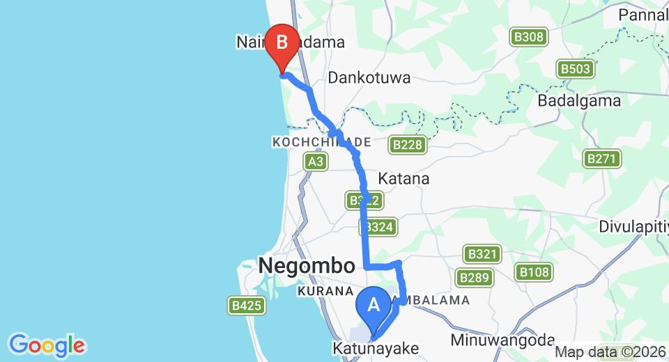 Driving route map: Colombo Airport (CMB) to Rico Shadow Guest House & Restaurant, Waikkal (20 km, approx 42 min private transfer)