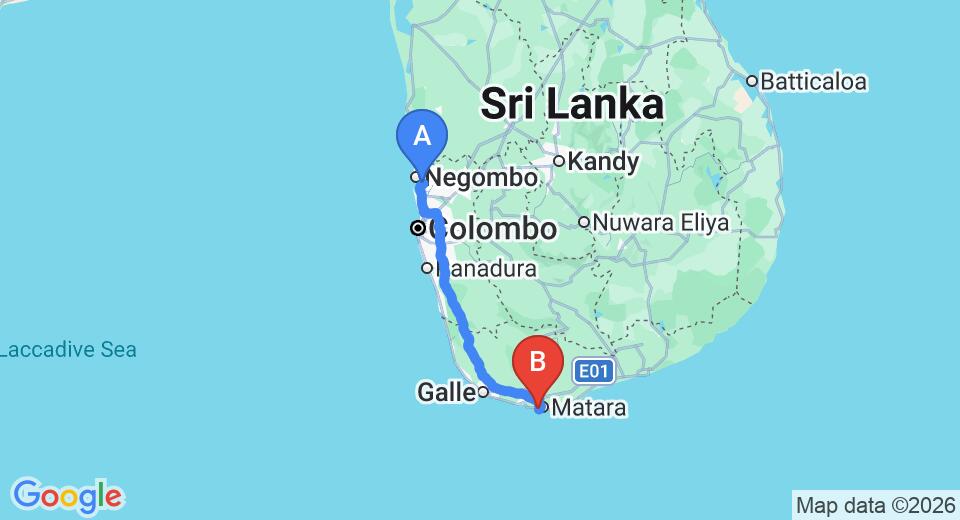 Driving route map: Colombo Airport (CMB) to Skye House, Matara (184 km, approx 2 h 34 min private transfer)