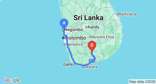 Driving route map: Colombo Airport (CMB) to Mahoora - Udawalawe, Udawalawe (260 km, approx 3 h 39 min private transfer)