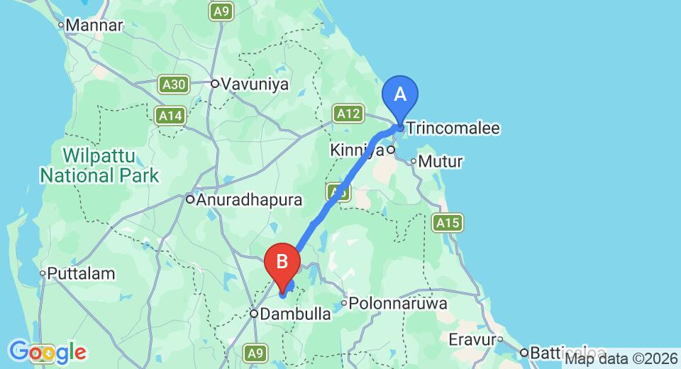 Driving route map: Trincomalee to Sigiriya (99 km, approx 1 h 55 min private transfer)