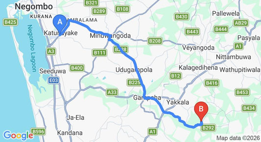 Driving route map: Colombo Airport (CMB) to Sky Retreat - Sri Lanka, Gampaha (30 km, approx 1 h 1 min private transfer)