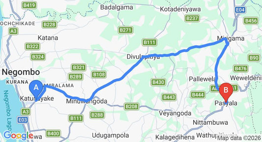 Driving route map: Colombo Airport (CMB) to Pasyala (42 km, approx 1 h 13 min private transfer)