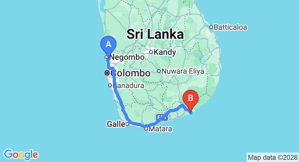 Driving route map: Colombo Airport (CMB) to Capitol Bungalow, Kirinda (288 km, approx 3 h 58 min private transfer)