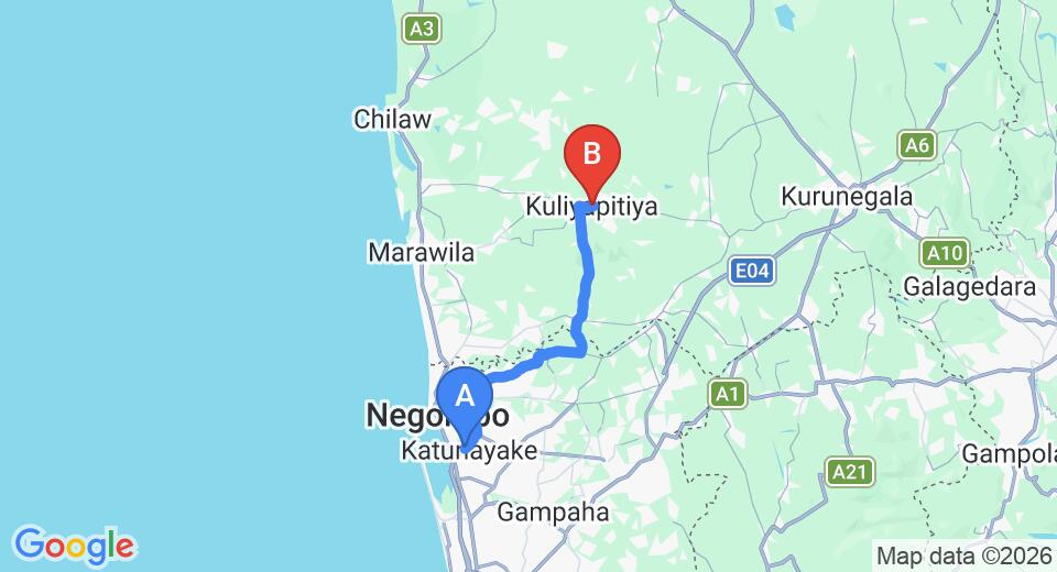 Driving route map: Colombo Airport (CMB) to Kuliyapitiya (50 km, approx 1 h 21 min private transfer)