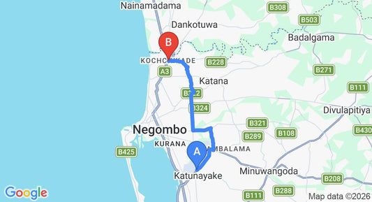 Driving route map: Colombo Airport (CMB) to Waves By Tranquil, Kochchikade (16 km, approx 34 min private transfer)