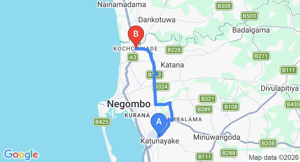 Driving route map: Colombo Airport (CMB) to Kochchikade (16 km, approx 34 min private transfer)