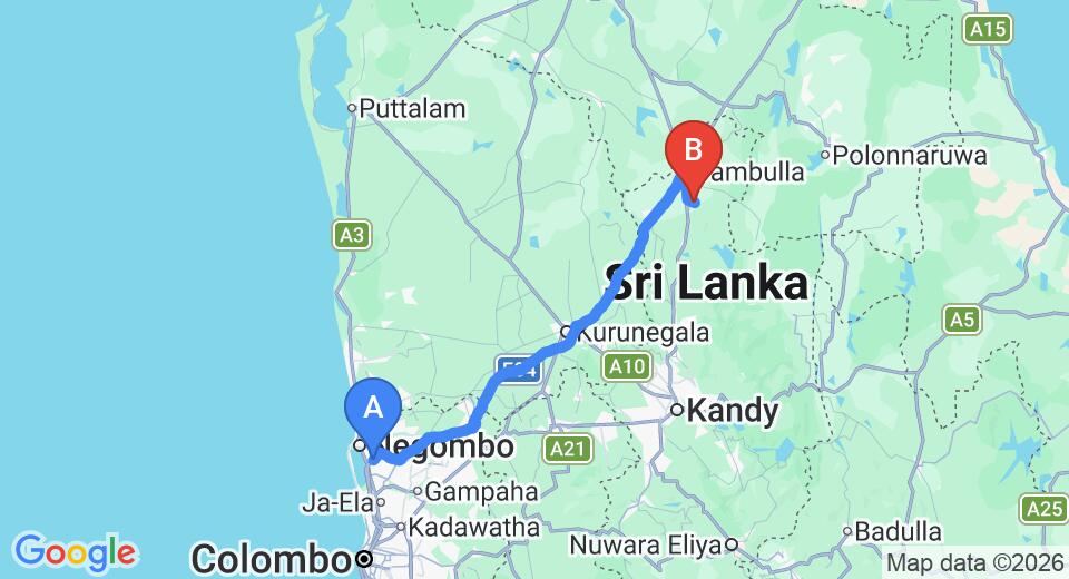 Driving route map: Colombo Airport (CMB) to Kalundewa Retreat, Dambulla (137 km, approx 3 h 0 min private transfer)
