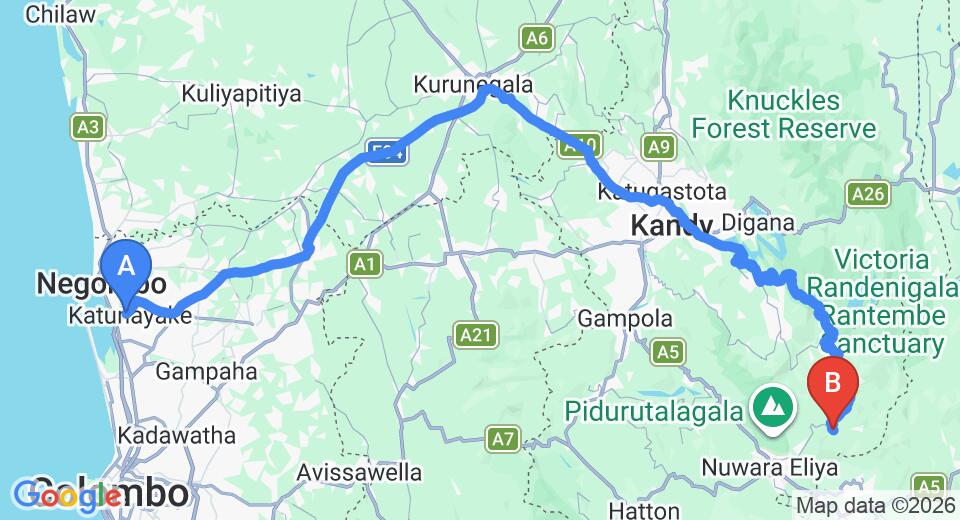 Driving route map: Colombo Airport (CMB) to Ragala (189 km, approx 5 h 5 min private transfer)