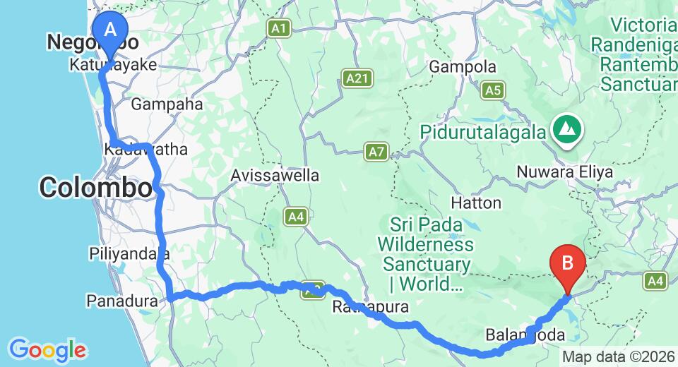 Driving route map: Colombo Airport (CMB) to Villa Chrysoberyl, Belihuloya (179 km, approx 4 h 8 min private transfer)