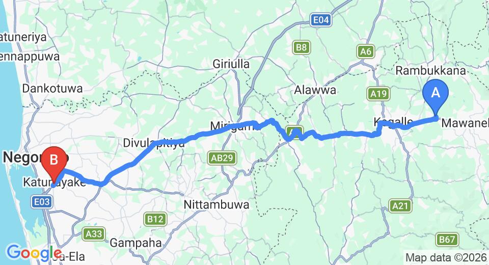 Driving route map: Molagoda to Colombo Airport (CMB) (71 km, approx 2 h 1 min private transfer)