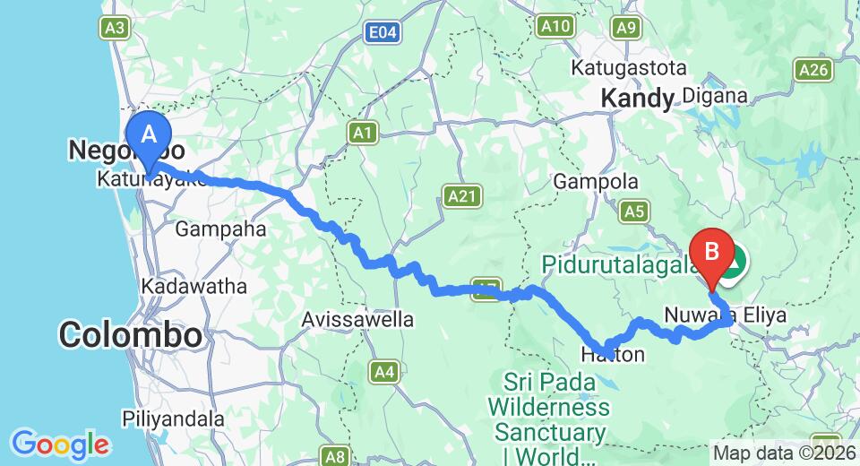 Driving route map: Colombo Airport (CMB) to CheRiz Boutique Villa Hotel, Nuwara Eliya (158 km, approx 4 h 54 min private transfer)