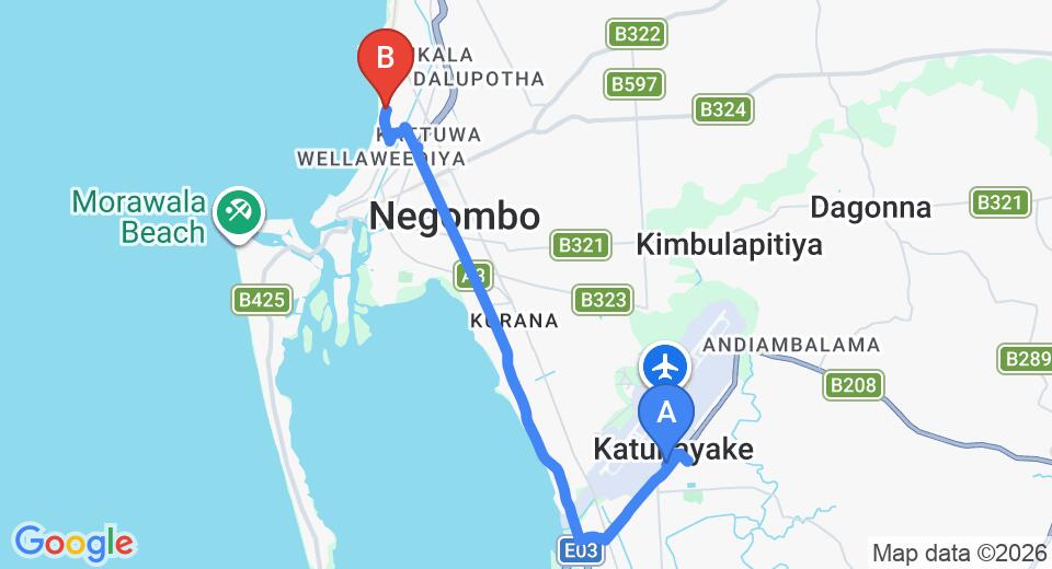 Driving route map: Colombo Airport (CMB) to Araliya Blue Beach View Hotel, Negombo (12 km, approx 29 min private transfer)